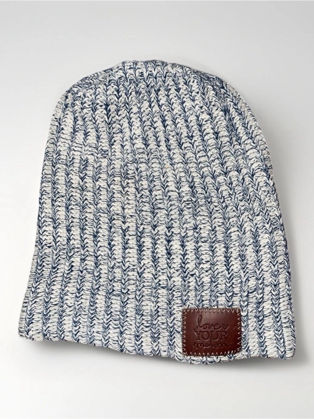 Love Your Melon Blue and White Knit Beanie with Brown Leather Patch